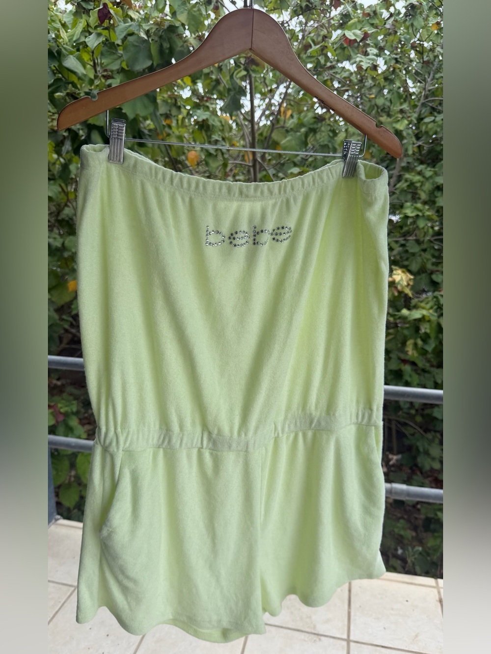 bebe Pale Lime Color Strapless Terry Bandeau Romper with Rhinestone Logo Size 2X